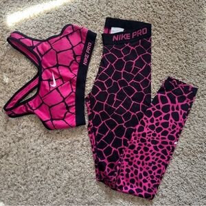 Nike Pro Dri-FIT Sports Bra & Leggings Set Pink Black Animal Print Size S